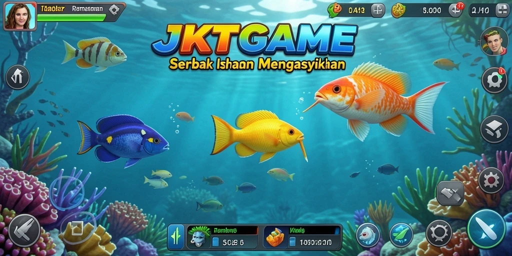 Tampilan gameplay JKTGAME saat menembak ikan yang penuh warna.