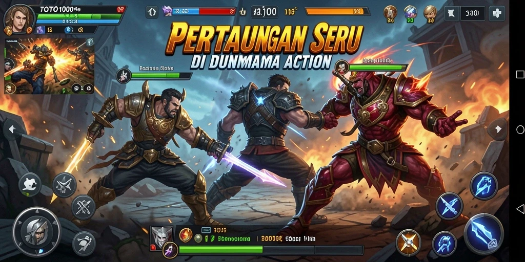 Screenshot utama TOTO1000 menampilkan aksi intens dalam pertempuran.